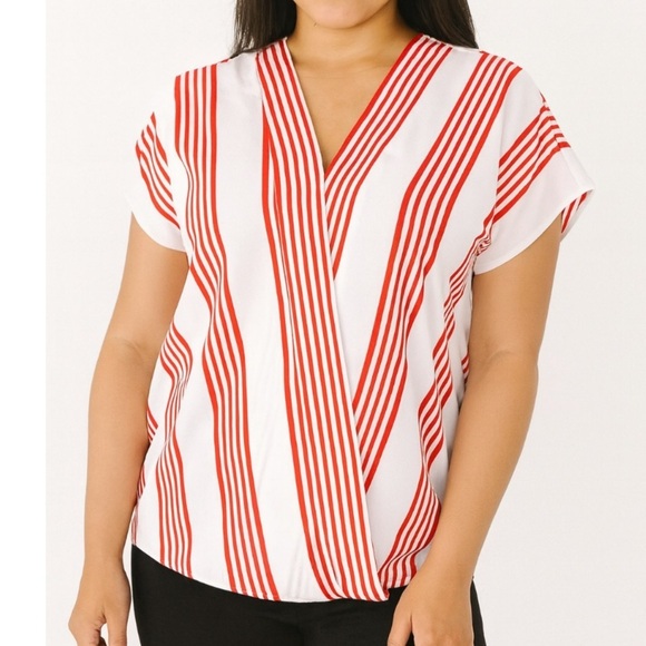 Talbots Women's blouse Faux Wrap Striped Top White Red Size MP short sleeve top - Picture 1 of 7